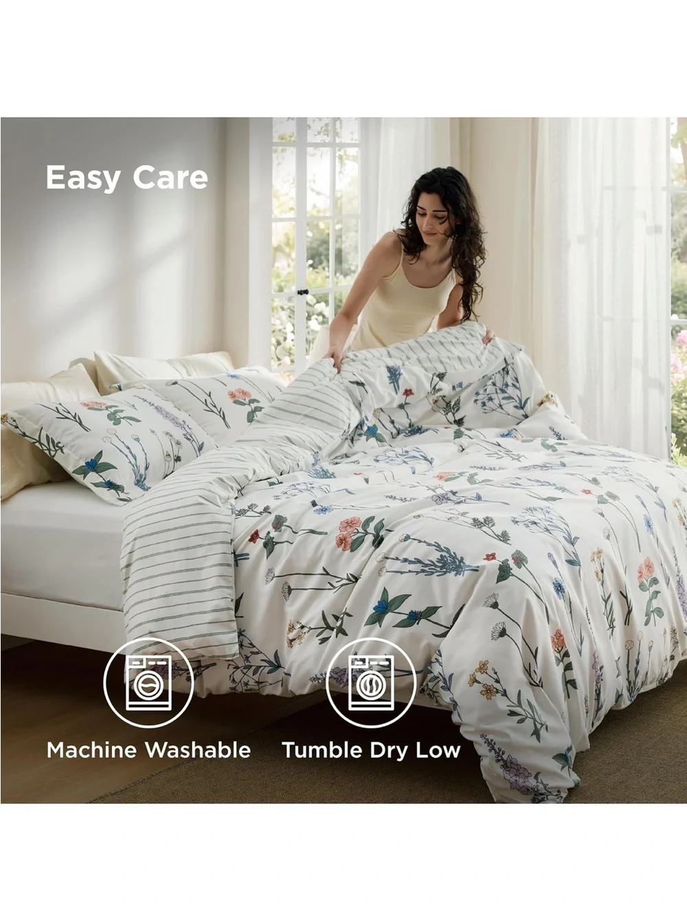 NEW Bedsure Duvet Cover Set w/zipper. Reversible. Floral and Stripe